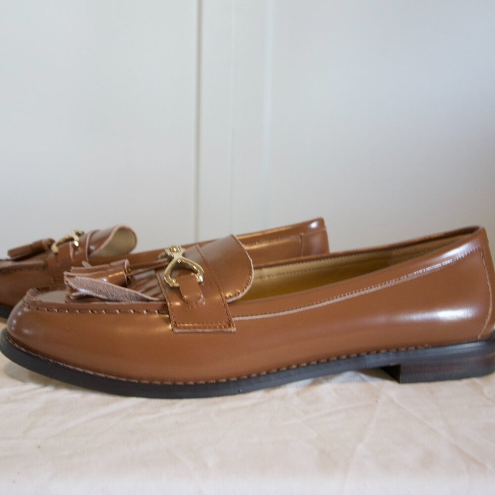 Tan Loafers With Gold Metal Accents - Picture 2 of 4